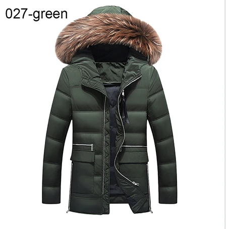 Новая зимняя мужская куртка с большим воротником из натурального меха, куртка с капюшоном на утином пуху, толстый пуховик, мужское теплое пальто 2XL 3XL 027 - Цвет: 027  Green