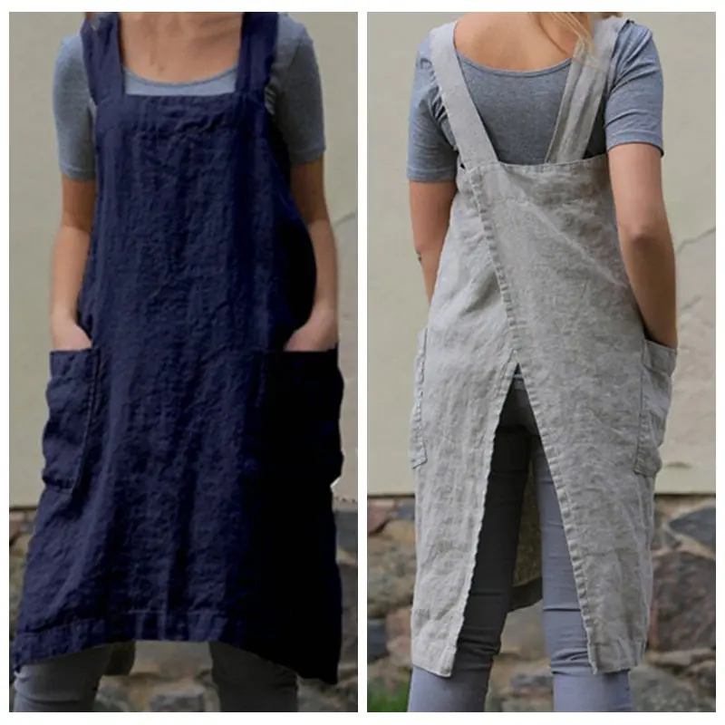 New Brief Cotton Linen Cooking Kitchen Apron Mens Women Loose Solid Color Apron Bartender BBQ Chef Work Uniform JCX9098