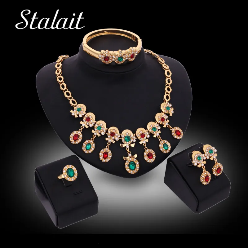 

Green Red Crystal Vintage Jewelry Set Crystal Pillar Engagement Bridal Jewelry Set For Women Party