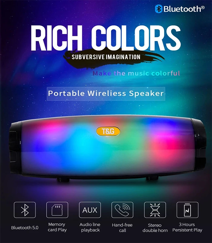 TG165 Portable Bluetooth Speaker Stereo Leather Column 5 Flash Style LED Subwoof