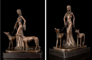 

Art Deco Sculpture Shepherdess Gypsy Girl Walking With Dog Bronze Statue Signed