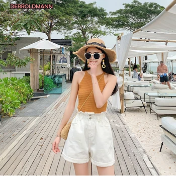 

Summer Autumn High Waist Short Pants with Vintage Pocket Zipper Button Loose Pleated Washed Jeans Women