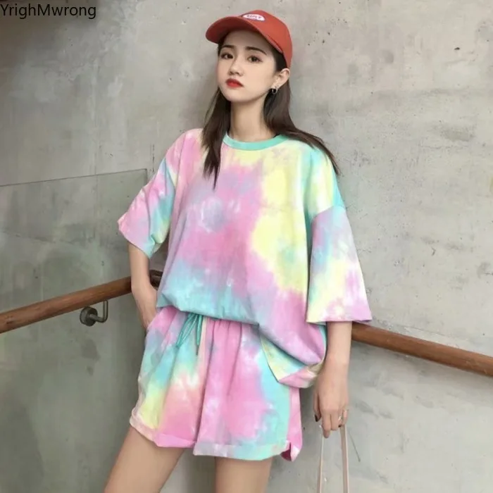 

Summer Short Sleeve Tie Dye Print T Shirt Drawstring Waist Short Tracksuit Women Workout Sportwear Fashion Hip Hop Two Piece Set