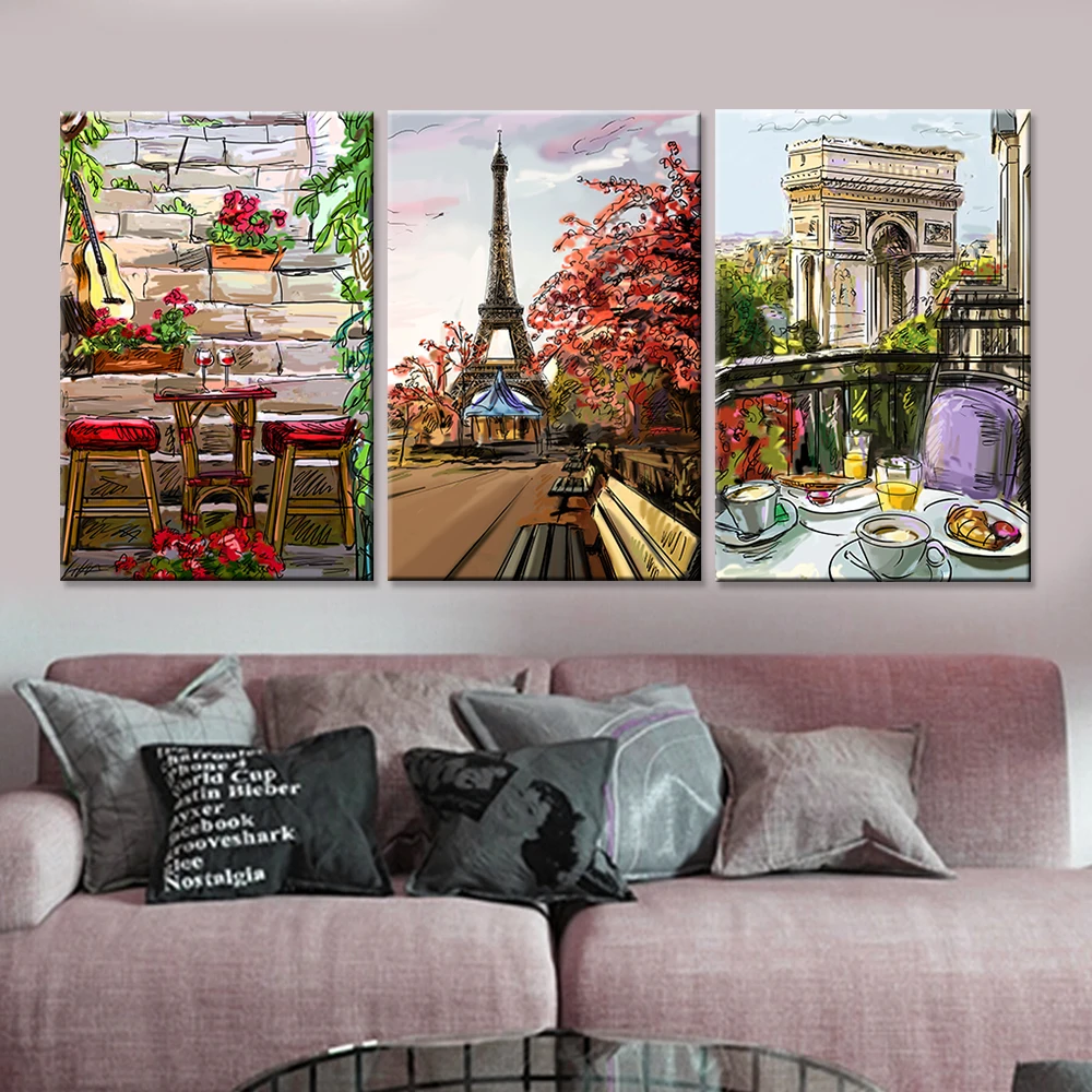 

Modern Cuadros Decorative Modular Pictures 3 Panel Paris City Landscape Painting Art Framework Wall For Living Room