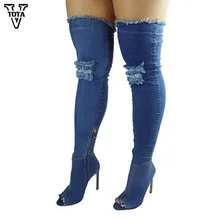 VTOTA/ г. Модные женские ботинки на высоком каблуке из джинсовой ткани пикантные летние сапоги с открытым носком Высокие Сапоги выше колена женская обувь, большие размеры, QY