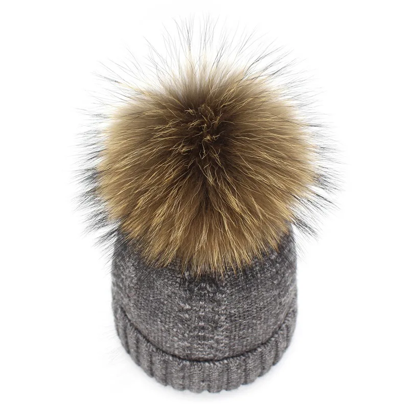 New winter wool knitted hat beanies with real mink fur pom poms Skullies natural raccoon Bobble Fur Pompom Pompon Hat caps - Color: dark grey