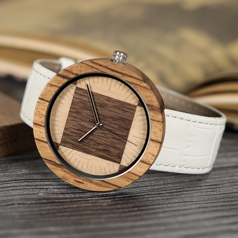 BOBO BIRD Round Wooden Case Mens Watches Simple Wood Dial Leather Wristwatch in Gift Wooden Box
