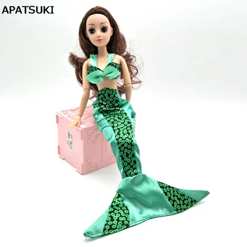 

Green Cosplay Costume Mermaid Clothes For Barbie Doll Dress Bra & Fishtail Skirt Outfits For 1/6 BJD Doll Accessories