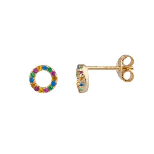 

925 sterling silver geometric round circle stud earring colorful multi color cz stone paved tiny round earrings