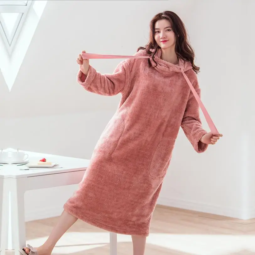 Korean style hooded solid thicken flannel Nightgowns female long sleeve