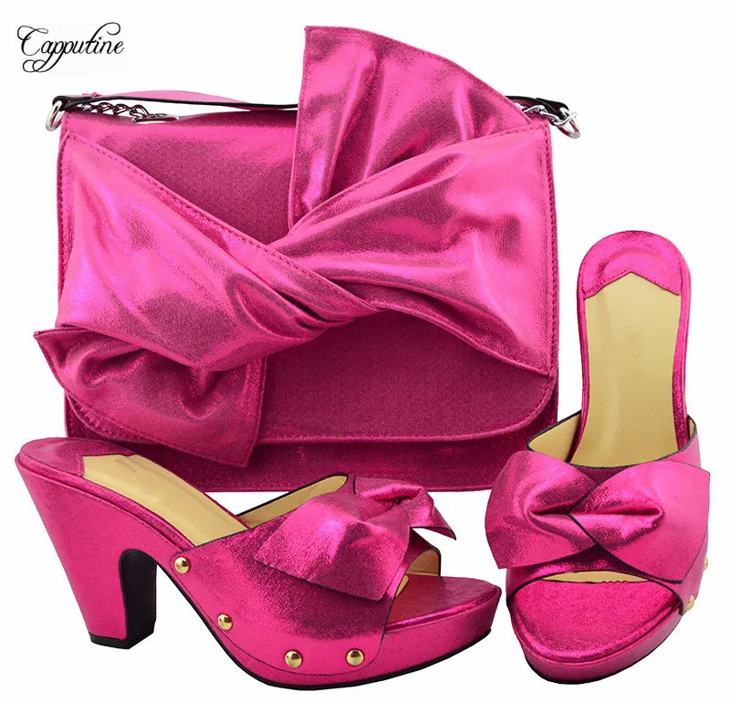 

Excellent fuchsia lady high heel pumps shoes with handbag set decorated with bow for party YM006