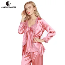 CR Шелковый Атлас для Для женщин Повседневное пижамный комплект 3 pas халат эмуляции ночное длинный рукав v-образным вырезом пижамы Мотобрюки Домашняя одежда wi527