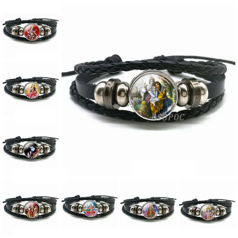 

Krishna and Radha Black Leather Bracelet Yoga Fashion Jewelery Amulet Glass Dome Buckle Bracelet Handmade Jewelry Gift for Women