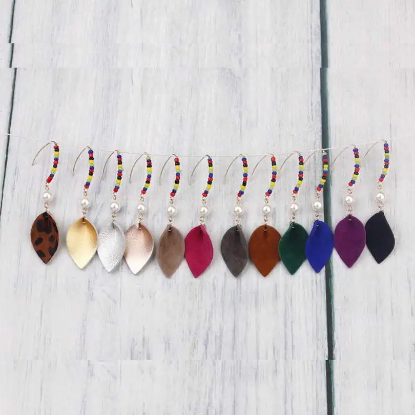 

ZWPON Colorful Seed Beaded Suede Leather Mini Leaf Drop Earrings Women Fashion Summer Soft Leather Earrings Jewelry Wholesale