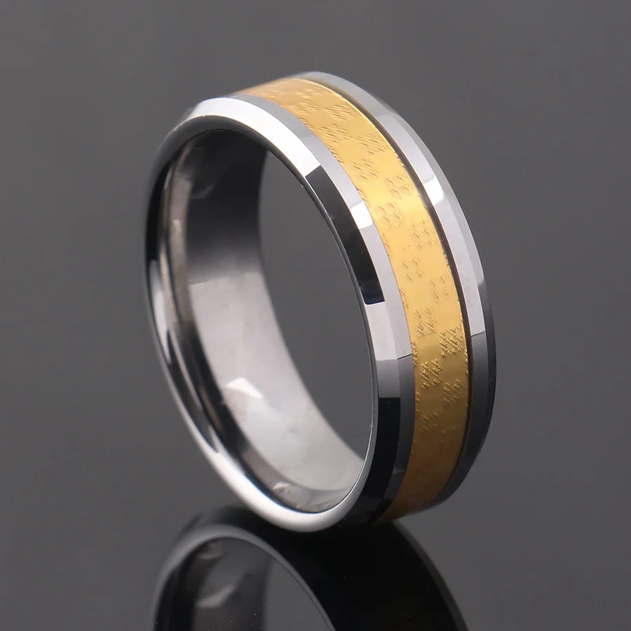Mens Wedding Bands Tungsten Carbide 8mm Gold Carbon Fiber Inlayed Hitech Scratch Proof Wedding