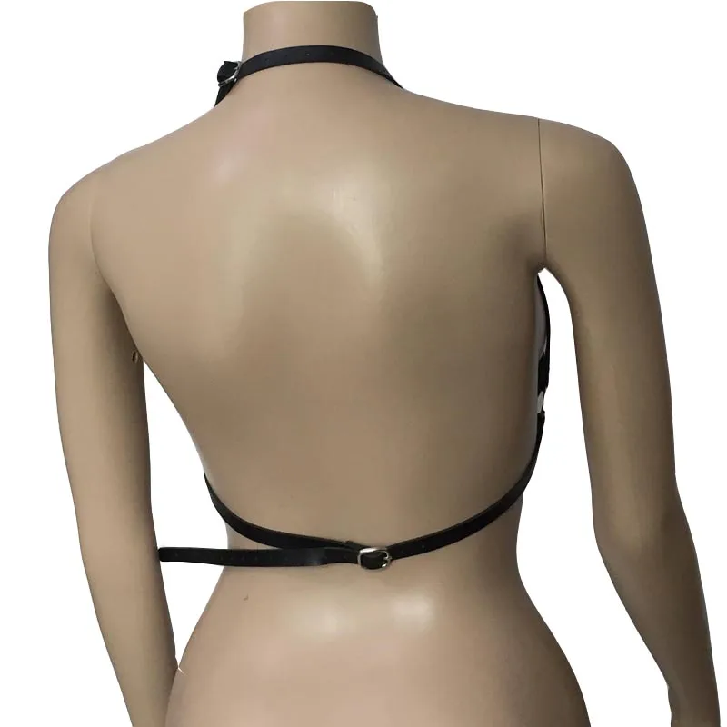 Black Women PU Leather Straps Breast Harness Bra Top Halter Open Cup Punk Fetish Wear