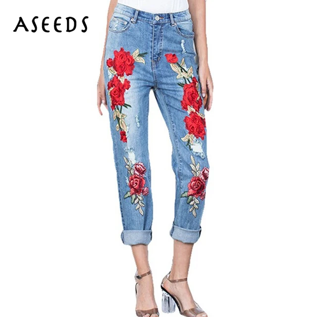 Aliexpress.com : Buy Vintage jeans for women rose flower embroidery ...