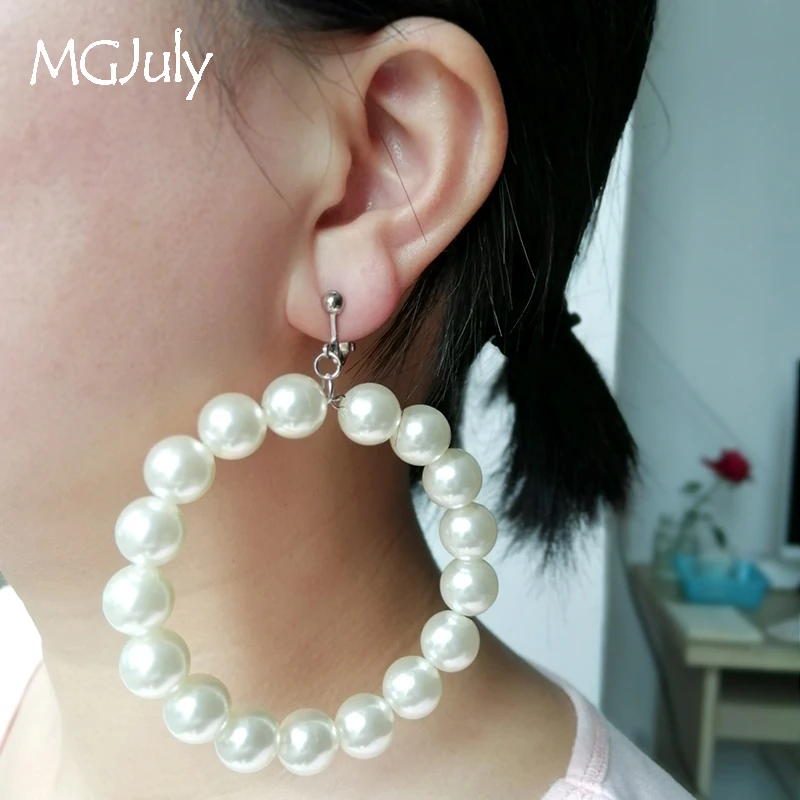 

Pearl Big Circle Clip On Earrings No Hole Ear Clips Round Simulated-pearl Earring Without Piercing Minimalist Earrings CE302