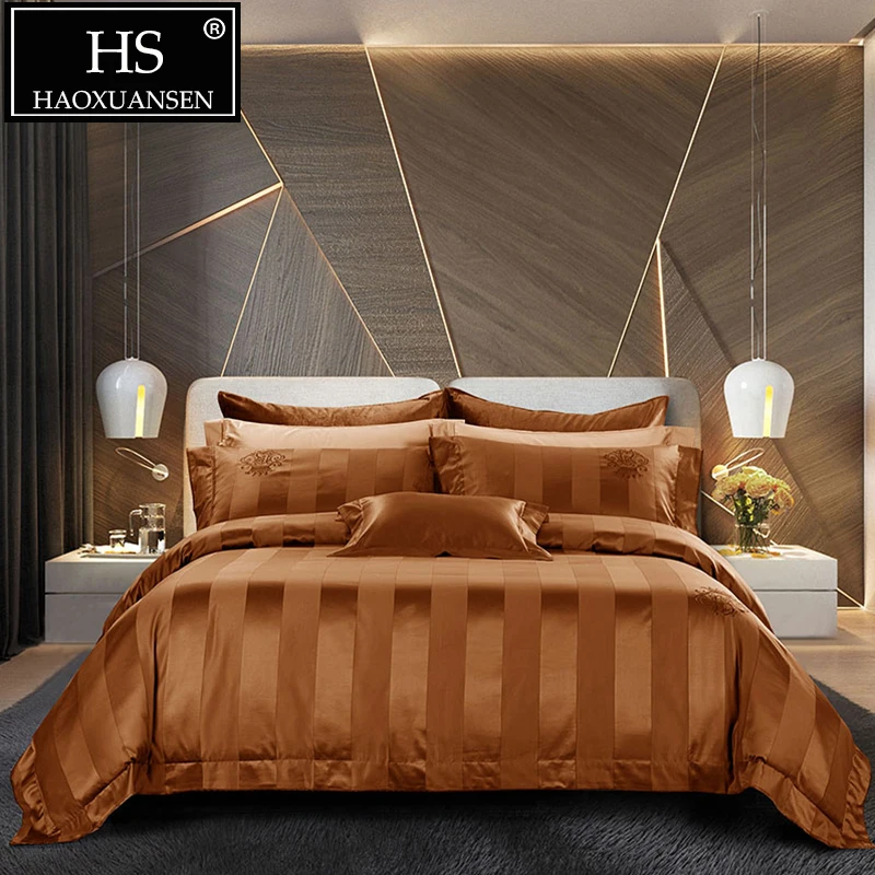 

HS Luxury 140S Coffee Striped Crown Jacquard 4pcs Bedding Sets High Density 100% Cotton Bed Linen Set Queen King Size Bedclothes