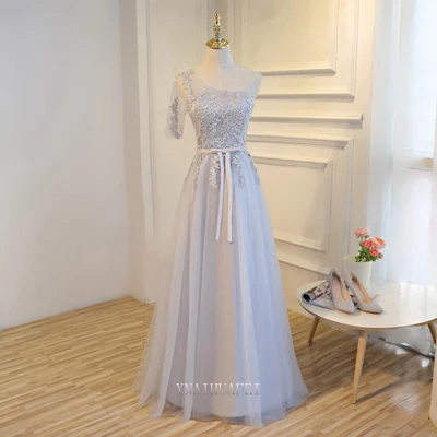 Single shoulder Серый невесты платье с коротким банкет вечернее платье Новинка весны и лета ежегодном собрании Малый платье Тонкий платье - Цвет: Single shoulder