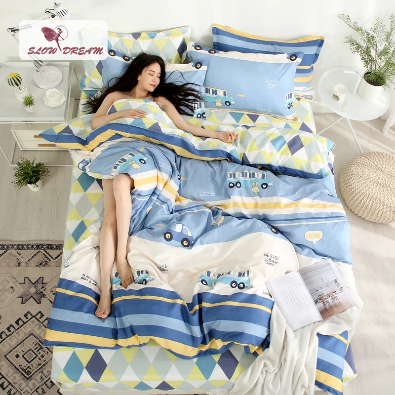

SlowDream Complete Bedding Set Including Duvet Cover Flat Sheet 1/2 Pillowcase Soft Fashion Bed Cover Set Double Bedspread Linen