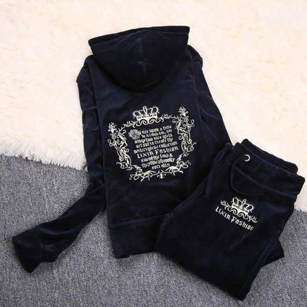 

Plus Size S-XXXL Spring Women Tracksuits 10 Colors Crowne Pattern Embroidery Velvet Suit Women's Clothing moleton feminino