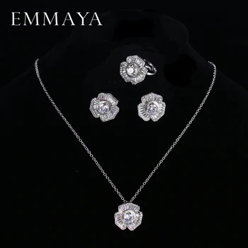 

EMMAYA Micro Inlay Zircon Flower Jewelry Sets For Women Gold-Color Copper Necklace Earrings Ring Set Wedding Bijoux