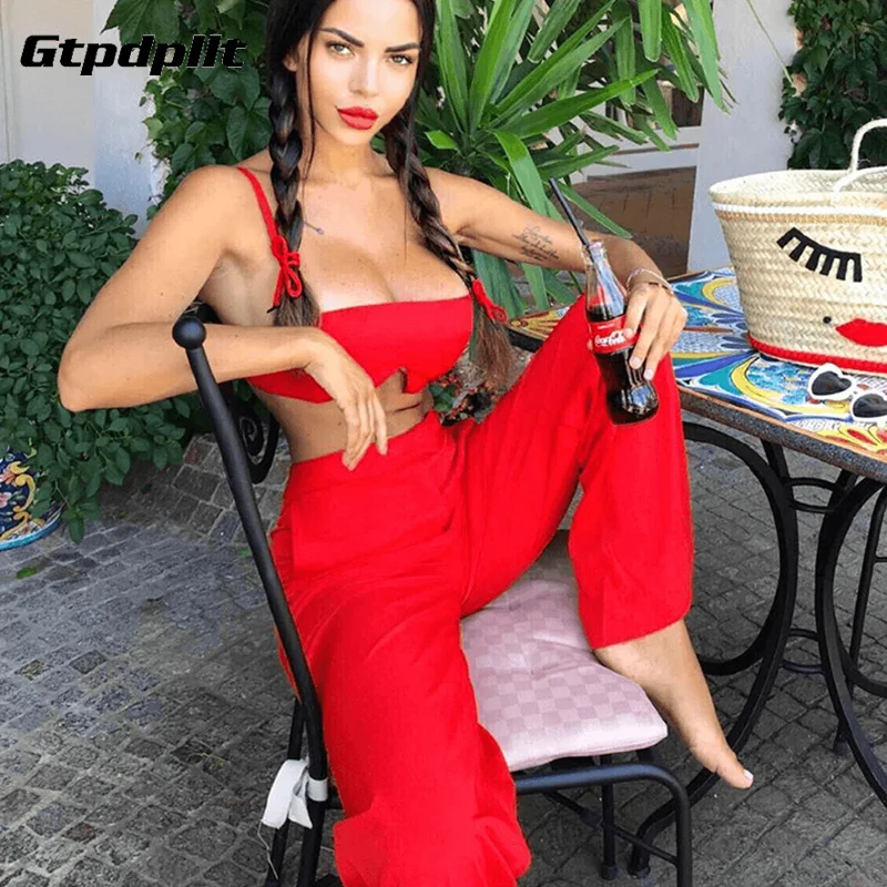 

2019 Spring Two Pieces Set Bodycon Jumpsuits For Women Sexy Overalls Sleeveless Bodysuit Low Collar Cropped Top Streetwears