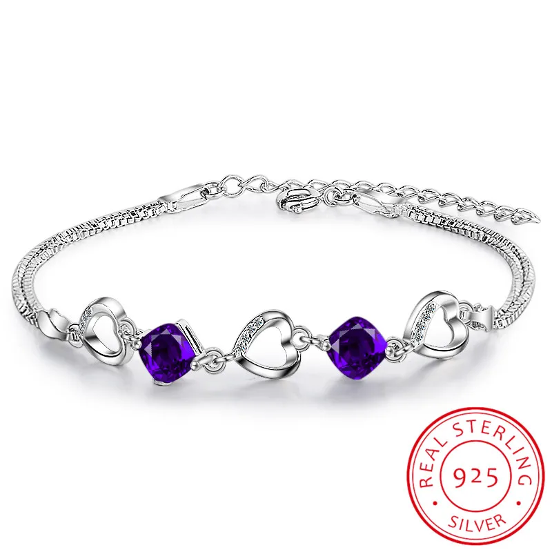 

Hot Fashion 925 Sterling Silver Bracelet For Women Heart Purple Zirconia Bracelet pulseira feminina