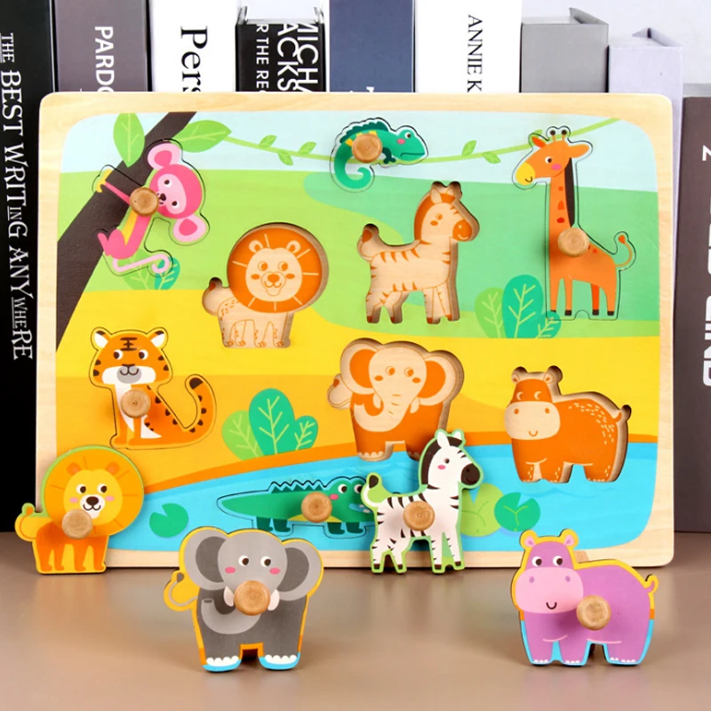 1 Set Wooden Baby Toy Montessori Puzzle Hand Grab Board Set Educational Wooden Toy Cartoon Vehicle Kitchen Animal Puzzle D22