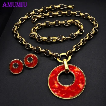 

AMUMIU Wedding Jewelry Sets for Charm African Women Gold Red Round Necklace Bracelet Earrings Sets Chain Party Gift JS165