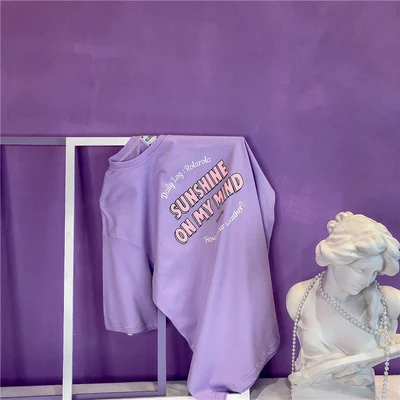 purple Purple Pink Blue Children's Funny Cotton Short Sleeve T-shirt Female Pure Color Student Cec Ancient Sensitive Girl ins Top TX4 - Цвет: purple
