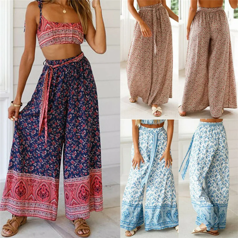 

HIRIGIN Newest Summer Womens Floral Flared Palazzo Long Trousers Wide Leg High Loose Harem Lady Pants