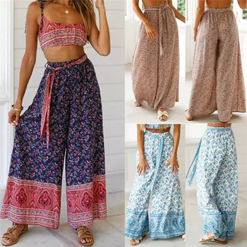 

HIRIGIN Newest Summer Womens Floral Flared Palazzo Long Trousers Wide Leg High Loose Harem Lady Pants