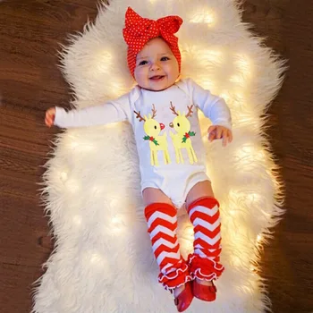 

VTOM 3 Pcs Newborn Infant Baby Girls Chrismas Sets Baby Girl Rompers+Headband+ Leg Warmer Sets Jumpsuit Xmas Clothes Set