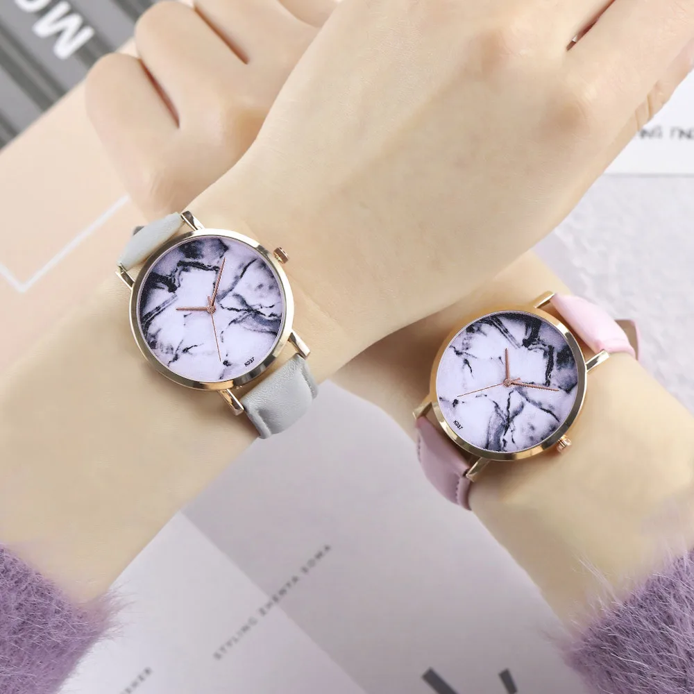 

zhoulianfa Woman Fashion and Simple Leather Band Analog Marble dial Quartz Round Wrist Watch Watches reloj mujer Lady Clock B50