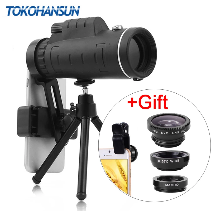 Comprar TOKOHANSUN 40X Telephoto Zoom teléfono lente telescopio 40x60 lentes con trípode para IPhone + Fisheye gran angular Macro 3In1 lente