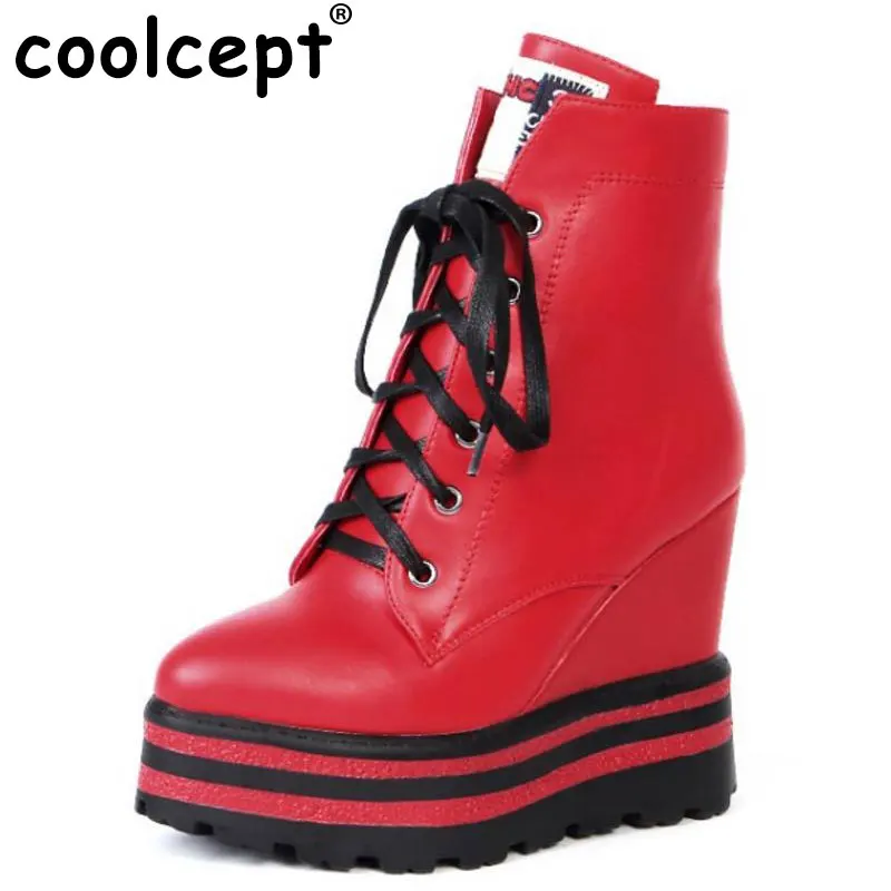 

Coolcept Women Wedge Cross Lace-Up Platform High Heels Thick Fur for Winter Boots Fashion Warm Botas Shoes Footwear Size 33-42