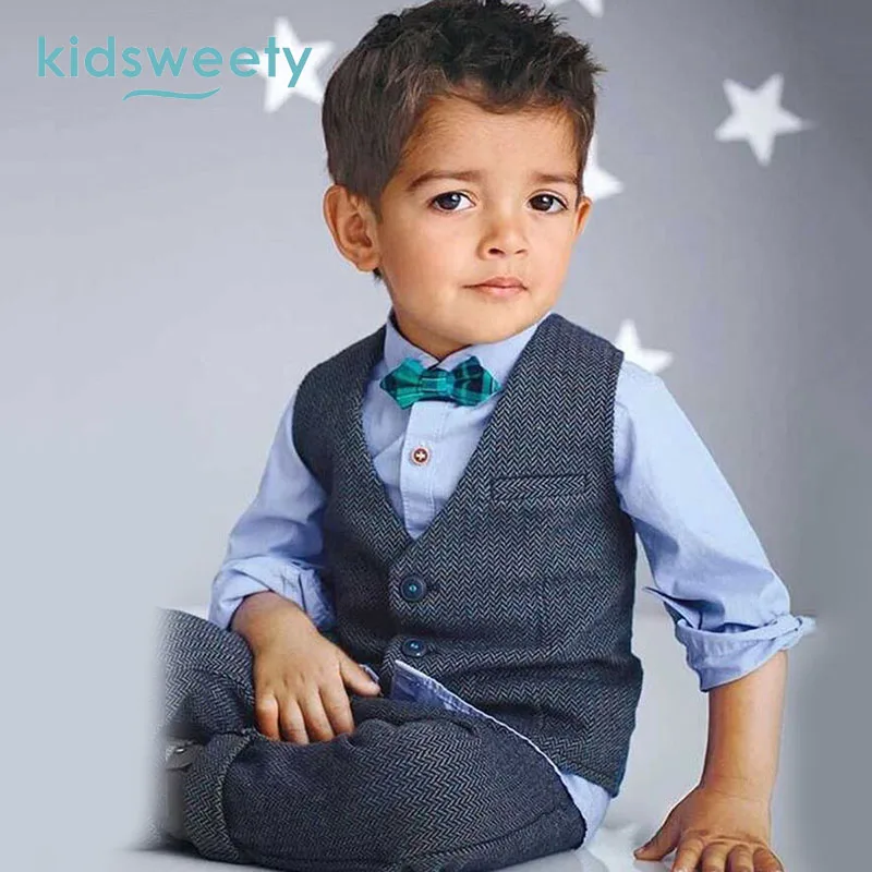 

Kidsweety Boys Suits Cotton Plain Kids Patchwork Bowknot Formal Shirt Vest Pants Child Three Piece Sets Button Pockets Boy Suit