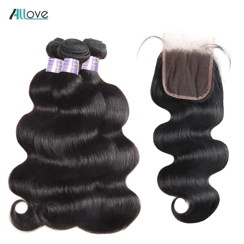 

Allove Hair Malaysian Body Wave 3 Bundles With Closure 4PCS/LOT Non Remy Human Hair Bundles With 4x4 Middle Part Lace Closure