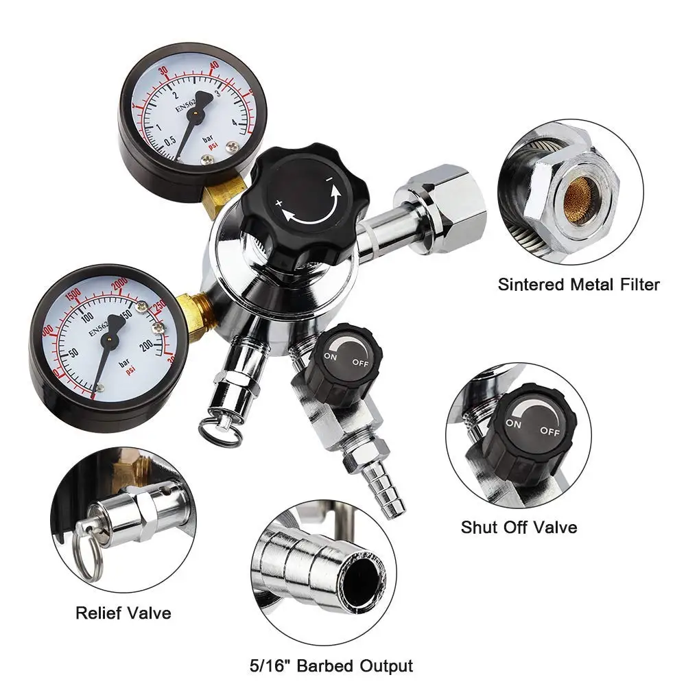 CGA320 двойной датчик CO2 газовый регулятор для изготовления домашней соды для разливного пива Kegging комплект с 5/16 ''колючей Shuttoff клапан, газовый 0-3000PSI
