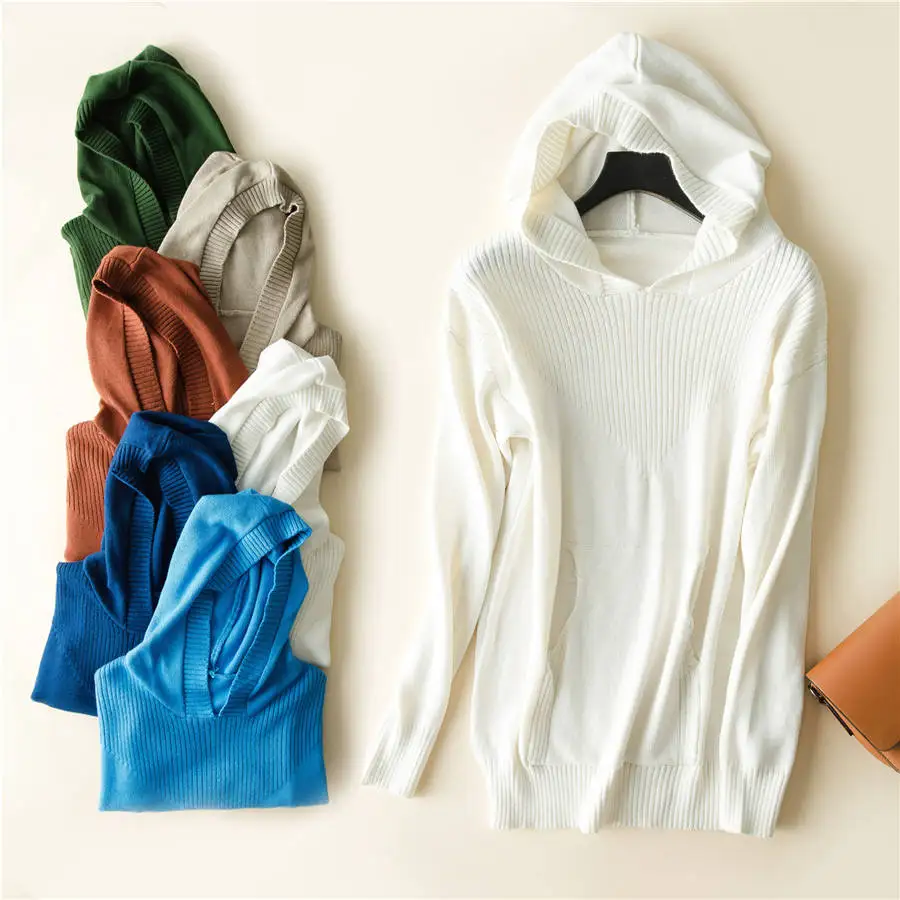 MERRILAMB, женские свитера с капюшоном, Осень-зима, кашемировые шерстяные пуловеры с длинным рукавом, ребристые локоть с карманами, топы, верхняя одежда