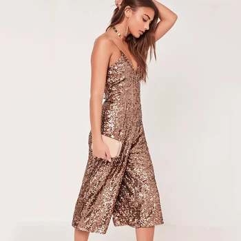 

Fashion solid color sexy V-neck halter sequined straps high waist casual loose seven-point wide leg pants women