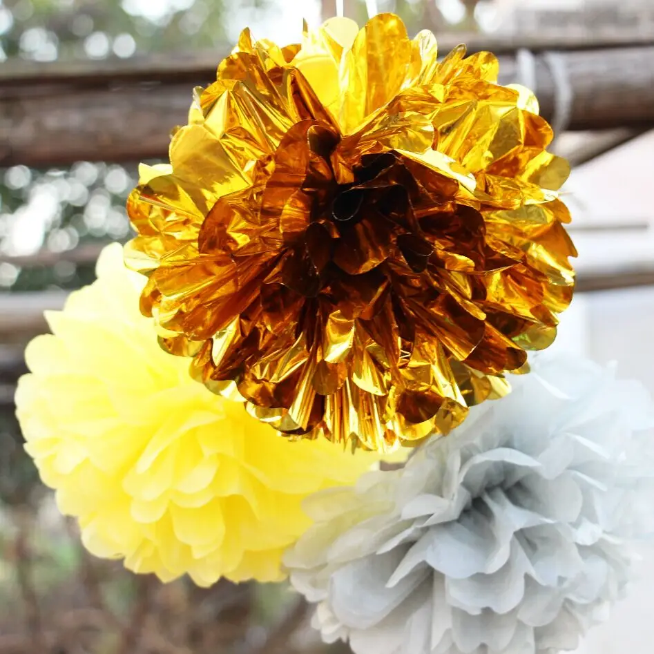 5pcs 14inch Creative Tissue Pom poms Flower Ball Wedding Party Outdoor Decoration (Golden)in