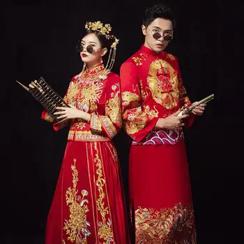 

Chinese Style Red Marriage Suit Suzhou Embroidery Women&Men Cheongsam Ancient Bride&Groom Wedding Clothes Oriental Qipao S-XXL