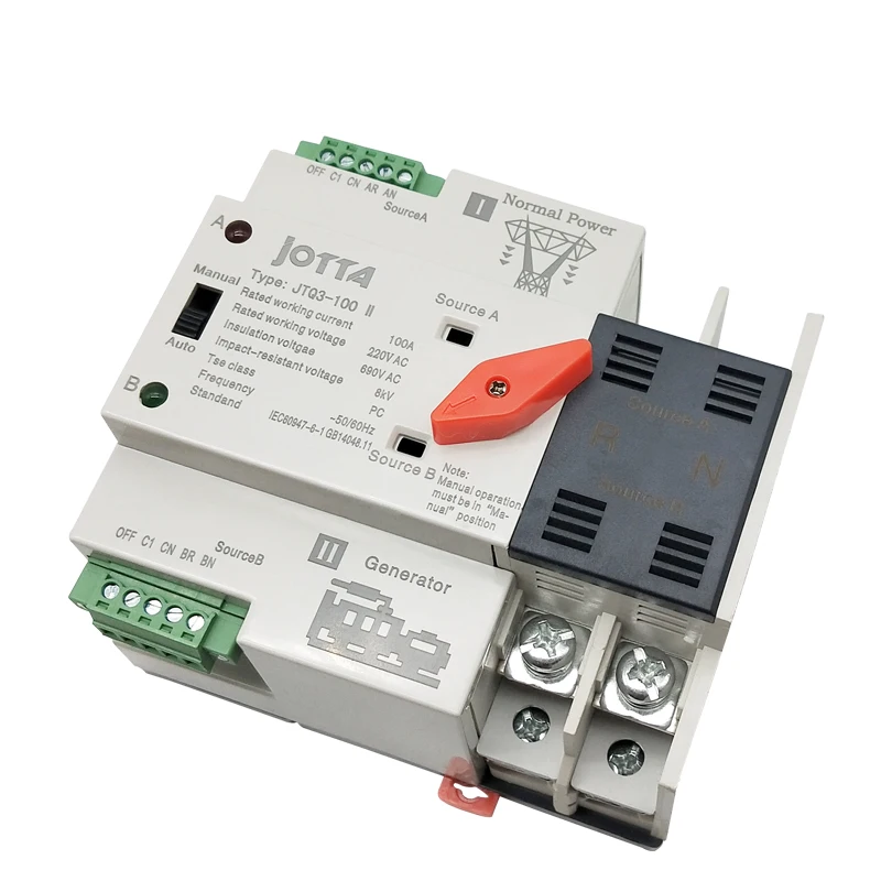 Jotta W2R-2P 220V Mini ATS Automatic Transfer Switch 100A 2P Electrical Selector Switches Dual Power Switch Din Rail Type