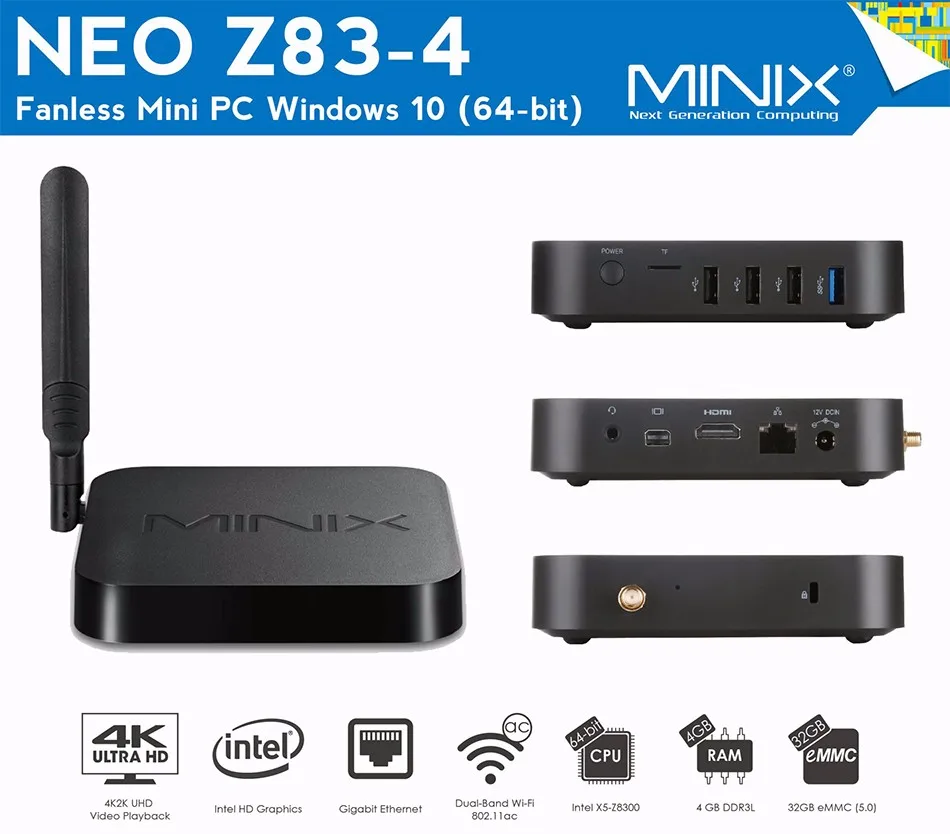 MINIX NEO Z83-4 Мини ПК Gigabit 802.11AC двухдиапазонный WI-FI официальный Windows10(64-бит) ин X5-Z8350 вишня Безвентиляторный АТОМ Мини PC