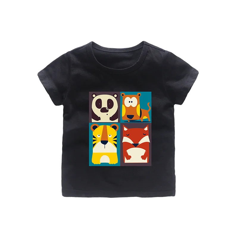 Футболки с рисунком животных для девочек; хлопковая дышащая детская одежда; топы для мальчиков с рисунком панды, собаки, обезьяны, тигра, зебры, енота, крокодила - Цвет: 1 Black