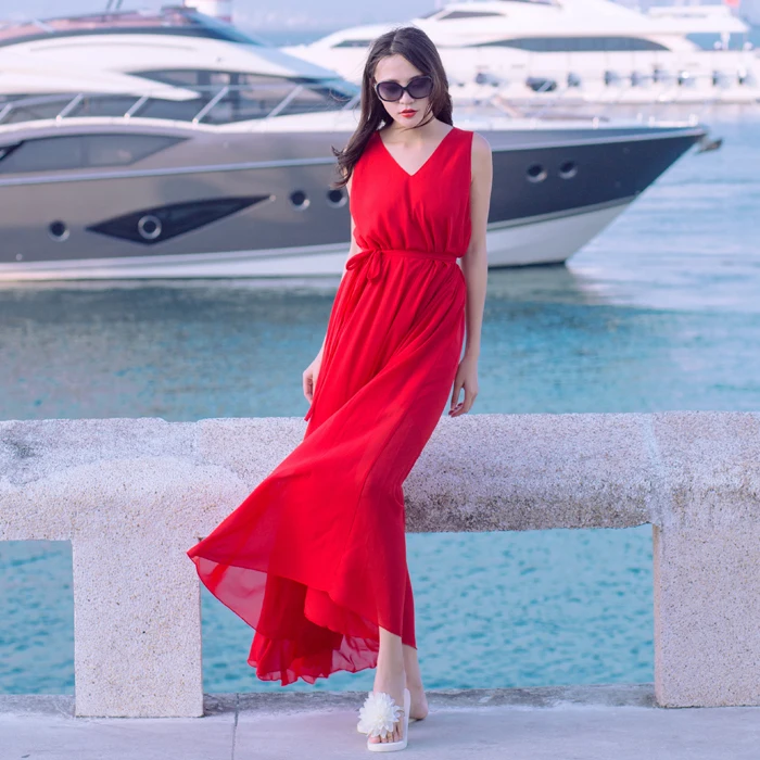2017 Hot Sale Solid Red V Neck Summer Bridesmaid Chiffon Maxi dress