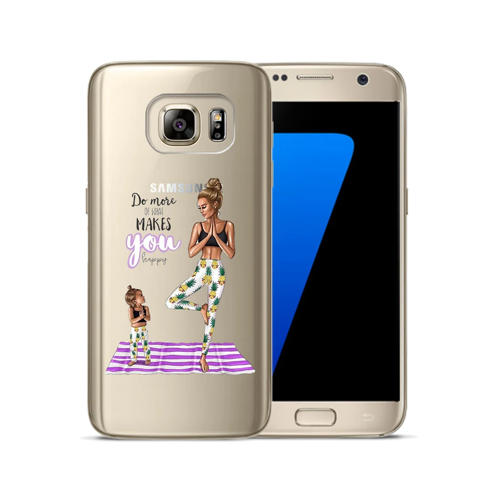 Fashion Black Brown Hair Baby Mom Girl Queen Soft TPU Cover For Samsung Galaxy S6 S7 Edge S8 S9 Plus S10 Plus E Note 8 9 Case